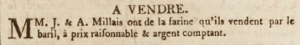 J and A Millais had flour for sale by the barrel in January 1804