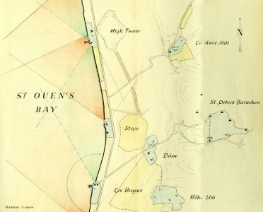 A hand-drawm map of the centre of the bay showing the location of Les Brayes, Hohe 266, Dune, St Peter's Barracks, Steps, La Mare Mill and High Tower, all locations of Wiederstandnests (resistance nests) with pictures shown below