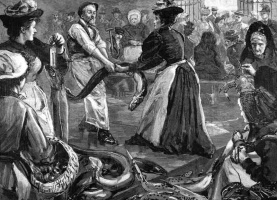 The fish market in 1894 from a drawing by Sydney Hall for The Graphic