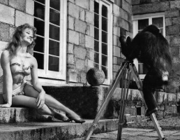Chimpanzee Lulu takes a photograph of actress Pat Waigh for a 1960s publicity stunt