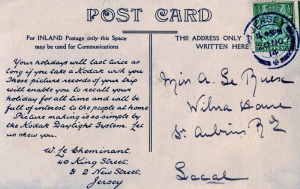 A postcard advertising Kodak sent to Miss A Le Ruez in 1914