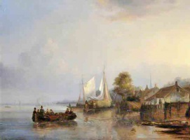 Figures and barges in an estuary, 1848; Egidius Linnig