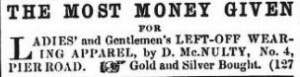 McNulty's second hand clothes and precious metal business advertised in the Jersey Independent in 1855
