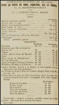 Wines and spirits advertised in Chronique de Jersey in 1850