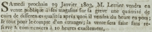 In 1803 Mr Lerrier was advertising a new consignment of leather for sale in the Gazette de l'Ile de Jersey