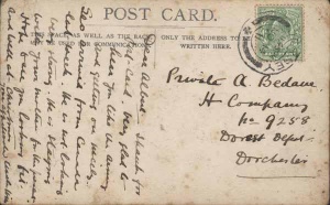 A postcard received by Albert Bedane while serving in the Great War
