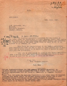 Letter to the Bailiff from the Constable of St Peter, T J Bree, informing him that requisitioned land bordering St Peter's Farm had not been used by the Germans and requesting him to secure its use for agricultural purposes