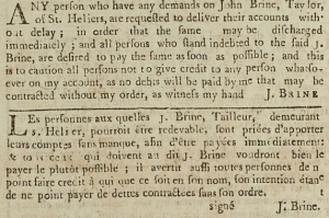 In 1803 tailor John Brine inserted adverts in English and French in the Gazette de l'Ile de Jersey