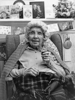 Evelyn Amy Romeril, born in St Peter in 1887, on her 100th birthday. She was the daughter of John Philippe (1848-1934) and Alice Jane, nee Marett (1854-1930)