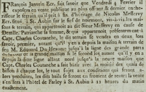 Francois Janvrin advertised the sale of land at St Brelade which he inherited from Nicolas Messervy, husband of Miss Patriarche, in ‘’Gazette de l’Ile de Jersey’’ in 1803