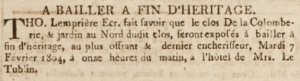 Thomas Lempriere advertised two pieces of land at Colomberie for sale in 1804