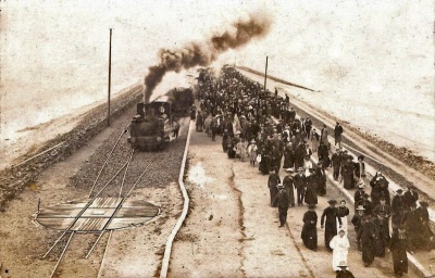 After unloading its passengers a train heads for the turntable before heading back across the causeway