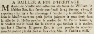 1803 Gazette de l'Ile de Jersey advert for sale of William Le Maistre's house near the new market