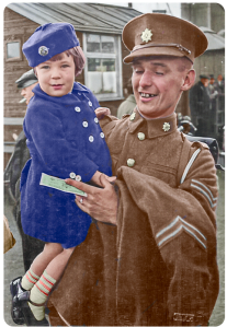 An unknown soldier greeted by his daughter when he returned home on leave during the Great War