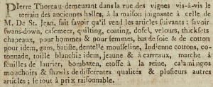 Pierre Thoreau , of Vine Street, advertised various items of bedding in ‘’Gazette de l’Ile de Jersey’’ in 1803