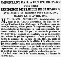 In 1866 the property of Charles Journeaux, son of Charles was in administration and the family home and possessions at Maufant were offered for sale by auction