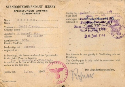 A curfew pass issued to Cecil Barton during the Occupation as a Member of the Honorary Police [1]