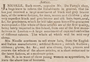 Hatter J Nicolle advertised his Rue de Derriere business in The Loyalist in 1826
