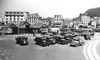 Potato lorries at the Weighbridge in 1946: a year after the Liberation potatoes were exported to Germany for British troops - Picture Evening Post