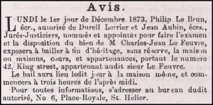 In 1873 the property was owned by Charles Jean Le Feuvre and was offered for sale by his curator