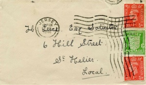 A letter posted in 1946 with a very rare combination of a Jersey stamp printed during the Occupation and English stamps which again became available afterwards