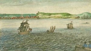 A view from offshore. This 1771 engraving was one of several different versions of the original artwork. The harbour of the time is on the far right of the picture