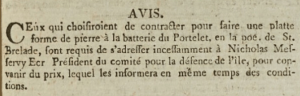 Defence Committee president Nicholas Messervy advertised the construction of a stone platform at Portelet Battery in ‘’Gazette de l’Ile de Jersey’’ in 1803