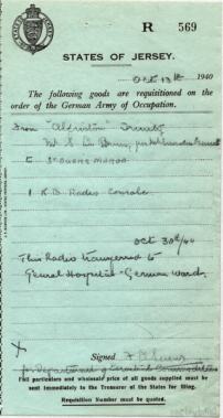 Mr S Le Brun, of Alfriston, Trinity, was required to hand over his radio for use by Germans billeted at St Ouen's Manor