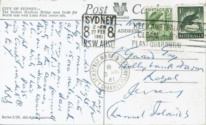 A postcard sent from Australia to P Girard at Holly Bank Farm in 1961