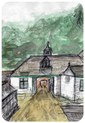 Watercolour by W G M Dixon, showing the harness room, stables (now demolished), stable yard and the head gardener`s coal and wood shed, on the left, 1973