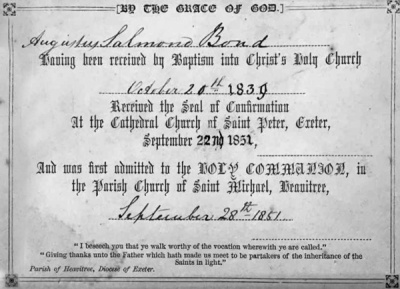 Augustus Salmond Bond's confirmation certificate