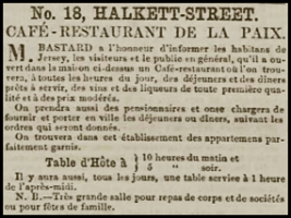 In this 1860 advert in Chronique de Jersey M Bastard announced that he had opened the Cafe-Restaurant De La Paix at No 18