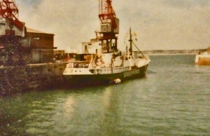 The ill-fated Greenpeace ship Rainbow Warrier in the harbour in the 1970s