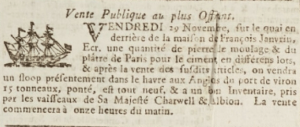 Stone, plaster of paris and other cargo from a prize vessel were advertised for sale on the quay behind Francois Janvrin’s house on 19 November 1805