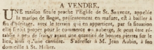 Jean Aubin advertised Maison de Bagot, St Saviour, for sale in 1804