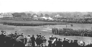 A photograph of a Militia Review on Gorey Common, where the event was held after the introduction of the railway enabled the crowds to get there
