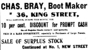 1903 advert for Charles Bray, who has just moved his business from New Street