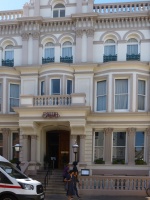 The striking facade of Banjo, an up-market restaurant in Beresford Street, formerly the Victoria Club. Lovingly and admirably restored to its former glory over three storeys and several balustrades. The building was designed by one of Jersey's most famous architects, Adolphus Curry and erected in 1894. Brett was less than impressed, referring to a 'very heavy and unclassical porch' and rendering which he found 'disconcerting both to the sight and to the touch'.