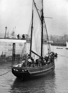 Guernsey ketch in St Helier's harbour mouth--see also below