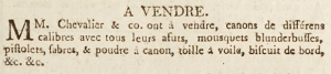 In 1803 Chevalier and Co advertised a veritable arsenal of weapons for sale in the Gazette de l'Ile de Jersey, including canons of different calibre, muskets, blunderbusses, pistols and sabres, perhaps with the owners of privateers in mind ...]]