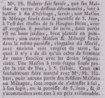 In 1787 in the Gazette de l'Ile de Jersey, Philippe Hubert offered several properties for sale
