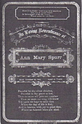 Mourning card for Ann Mary Spurr, nee Babot (1801- ) (St H), daughter of Jean and Marie, nee Le Sueur, and married to Richard Spurr, before leaving Jersey for Cornwall, and ultimately Australia