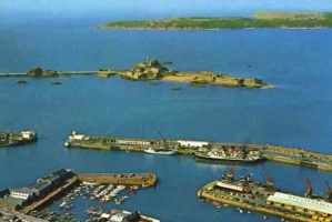 From Fort Regent with Elizabeth Castle beyond the Harbour and Noirmont headland in the background
