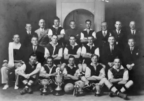 Magpies FC 1938-39, winners of the League Cup, Wheway Cup and Bingham Cup. Back row: W Parris, E Le Quesne, W Pallot, G Le Riche, A Stuart, T Nobes, Capt Campbell, W Woodman; Middle: S Noel, W Penny, M Le Var, H Dorey, E Le Chevalier, E Hall, E de Ste Croix; Front: F Wright, T Newington, W Dauny, H Hughes, E Eloury