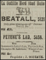 ... five years later he adveretised two bulls, with service fees of 5 shillings and £1 ...