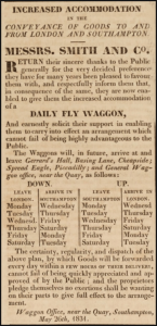Smith and Co advertised a wagon service between Southampton and London in this 1831 advert in L'Impartial