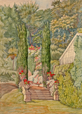The yews and steps that led to the Rose Garden, circular path, and the woods, painted by J.B. Slight, a visiting family friend, 1920s
