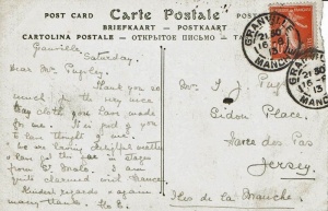A postcard from Flo on holiday in France to Mrs T J Pugsley, of Havre des Pas, in 1913
