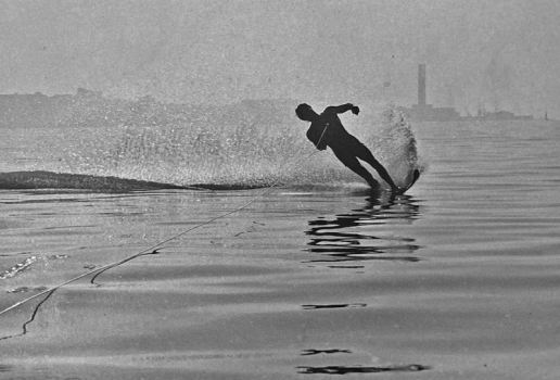 Water skiing in the bay - La Collette power station chimney in the background