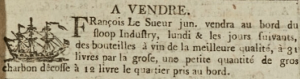 ... in 1803 he advertised the sale of best quality wines on the sloop Industry